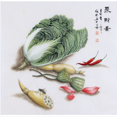 餐厅挂画 张琳斗方花鸟画白菜图《聚财图》