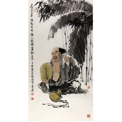 赵春华三尺竖幅人物画《扇在手中 摇起有风 谁人想借 等到立冬》