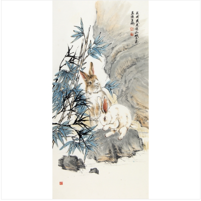 客厅装饰画 生肖图 王鹏四尺竖幅动物画 兔《天使洁白宜婵娟》